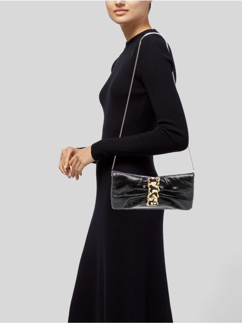 Alex Bittar Black Patent Clutch with Sculptural Gold Accent